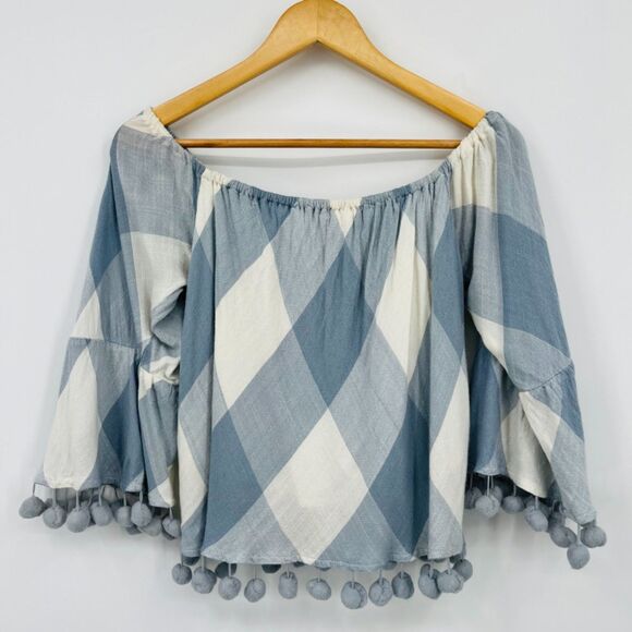 Tularosa Alexa Plaid Off the Shoulder Viscose Top in Cottage Blue, Size Small - Picture 3 of 10